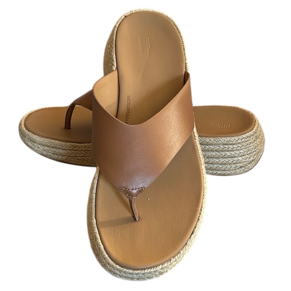 FitFlop F-MODE Espadrille Leather Flatform Toe-Post Sandals in Deep Tan Size 9